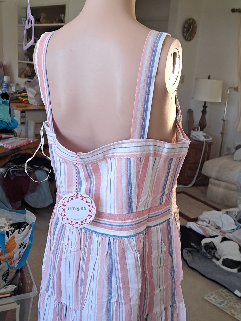 Umgee Pink & Blue Striped Tiered Midi Dress L Ptp 18" - Picture 5 of 7